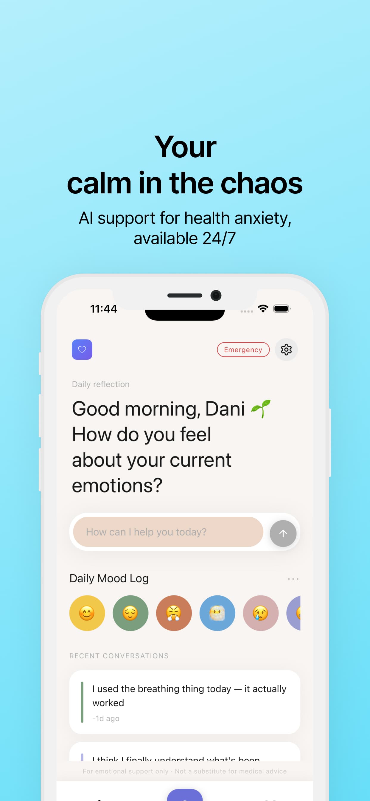 Health Anxiety AI calm home screen